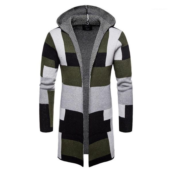 

knitted hooded cardigan long sleeve slim loose winter sweaters straight casual autumn plaid patchwork striped mens coats winter, White;black