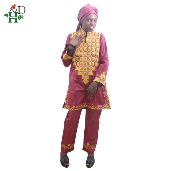 

h&d african women dress with pants short rapper with scarf african lady pant sets three pcs one set traditional embroidery, Red