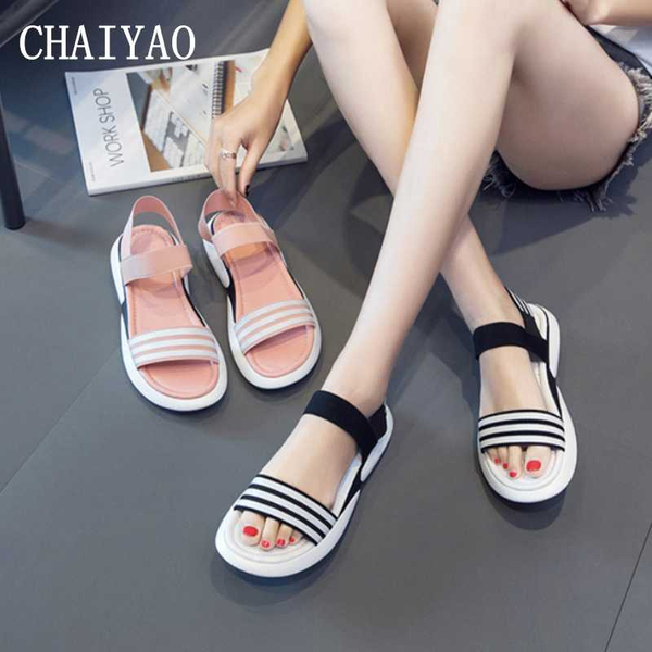 

beach casual women's sandals 2020 summer selling soft sole open toe femal shoes elastic band platorm comfortable women shoes, Black