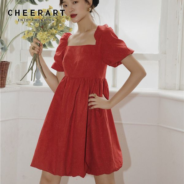 

cheerart red puff sleeve square neck summer dress 2020 a line loose short sleeve mini dress women korean style, Black;gray