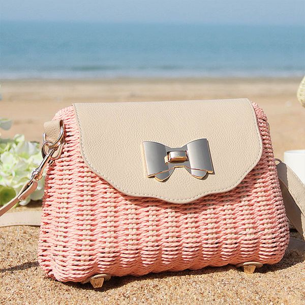 

2020 summer new candy-colored hand-slied fashion straw bow leisure travel beach women's shoulder messenger bag
