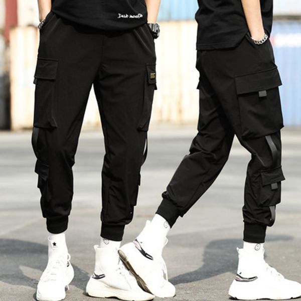 

men loose pockets drawstring high waist cargo pants men student streetwear casual black trousers khaki pencil pants plus size