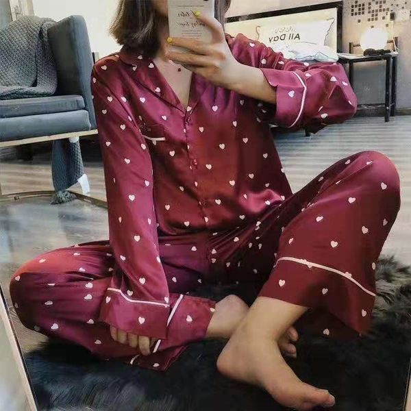 

2020 new spring and autumn style satin fabric pajamas comfortable breathable suit clothes home clothes home furnishing clothing, Blue;red
