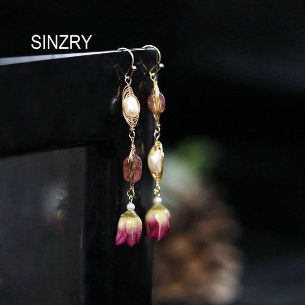 

sinzry ручной натуральный пресноводный жемчуг сохранил цветок розы элегантные серьги падение для женского, Silver