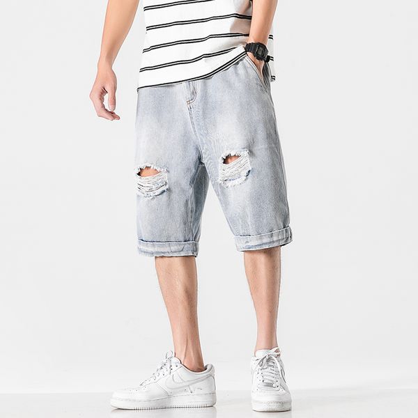 

aprilmomo2020 new fashion casual men's hole brand clothing summer shorts breathable large size hole denim shorts men, White;black