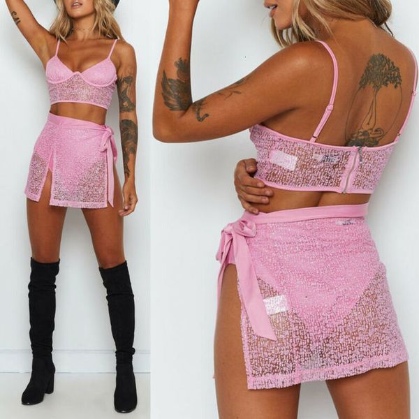 

hirigin women pink 2pcs mesh suit summer ladies halter mini dress evening party outfits sets, Gray