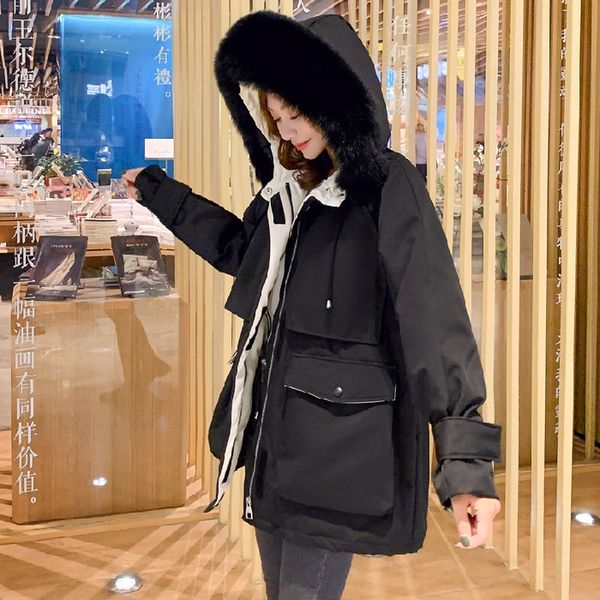

off-season 2020 new korean coat down jacket style down jacket women's mid-length overalls large fur collar parker thickened coat, Black