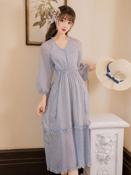 

french vintage blue striped v-neck belly show thin skirt is chiffon dress female xia, Black;gray