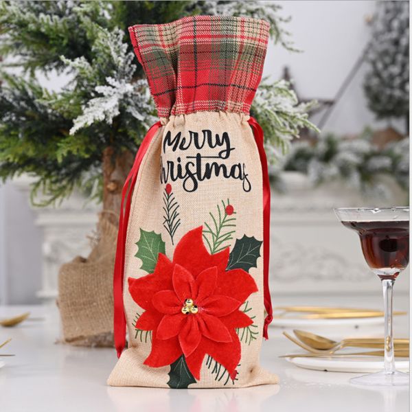 

christmas new family table decoration ornaments supplies big red flower linen wine bag christmas red wine bottle cover