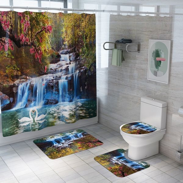 

2019 new waterfall printing household toilet mat four-piece of 4 carpet set of 4 four-piece bathroom carpet set