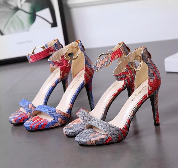 

red bottom high heels beautiful color printed woven knitted sandals women summer 9cm size 34 to 39 cs01, Black