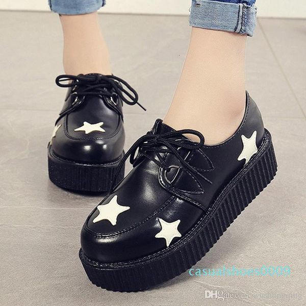

2020 new casual women flat platform black lace-up round toe creepers flats ladies shoes c09