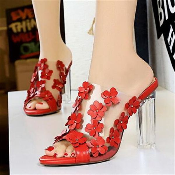 

summer high heel cool slippers women fashion transparent with crystal follows transparent one word floret sweet woman shoe 34-43, Black
