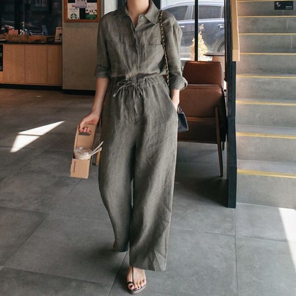 

women's jumpsuits & rompers xia qiuzhuang long sleeve cotton and lin tai pants woman nine part wide leg clothes flax, Black;white