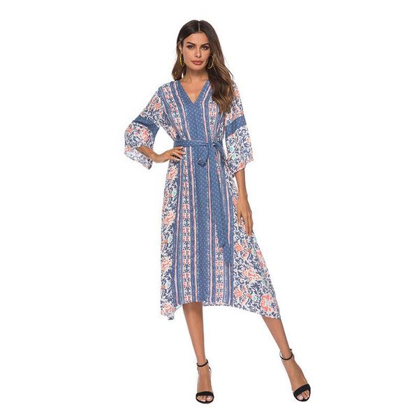 

2020 v lead печати платье семь часть рукава sexy longuette sandy beach юбка, Black;gray