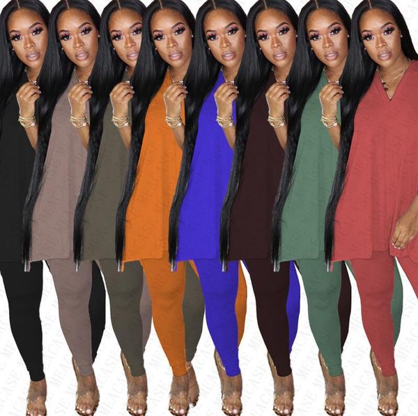 

summer women tracksuit short sleeve shirt split tee + leeggings pants two-piece clothing suit solid colors club suits s-3xl d7804, White