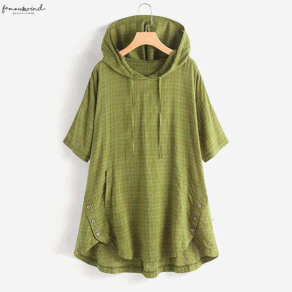 

2020 women plaid button hooded blouse female cotton high low hem plus size shirt with pockets solid color blouse, White