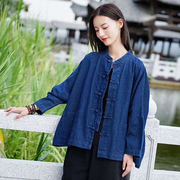 

spring 2020 new national style retro disc button sand wash denim coat women cowboy top, Black;brown