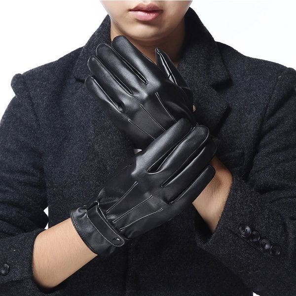 

men's touch warm and gloves screen plus velvet warm windproof waterproof riding outdoor leather gloves, Black