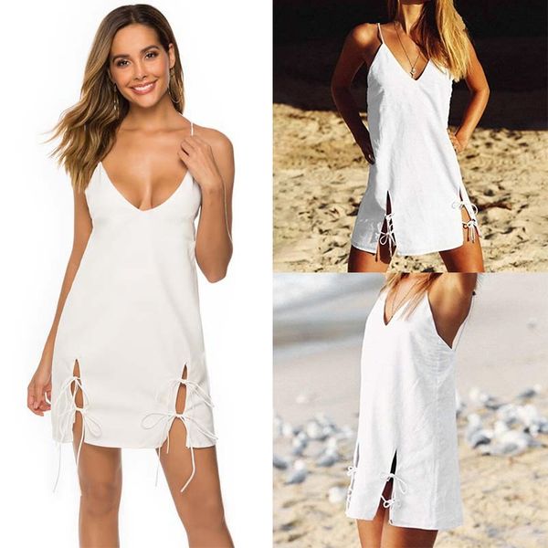 

summer women's seaside beach dress backless strapped vest v-neck lace-up bandage cloth casual dress, White;black