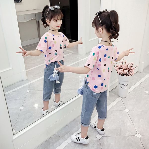 

inhds children's short-sleeved polka dot color cartoon round collar cotton loose elastic children's suit short-sleeved polka dot s, Blue