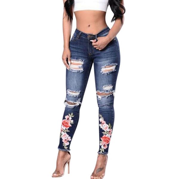 

women skinny denim pants 2020 lady high waist skinny hole denim pant stretch slim pant calf embroidery length jeans yl5, Blue