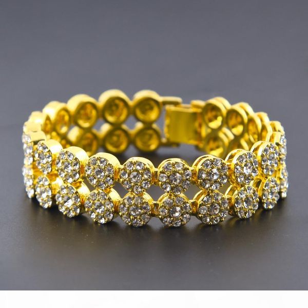 

men hip hop 2 row bracelet 18k gold silver iced out finish bling bling 8inch bracelets, Golden;silver