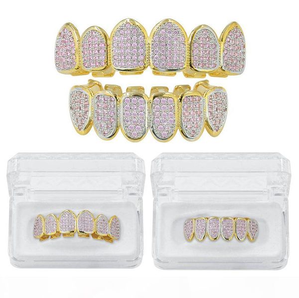 

luxury bling pink zircon dental grills punk steet fashion men women 18k gold teeth grillz 2-piece set hip hop grillz for rappers, Black
