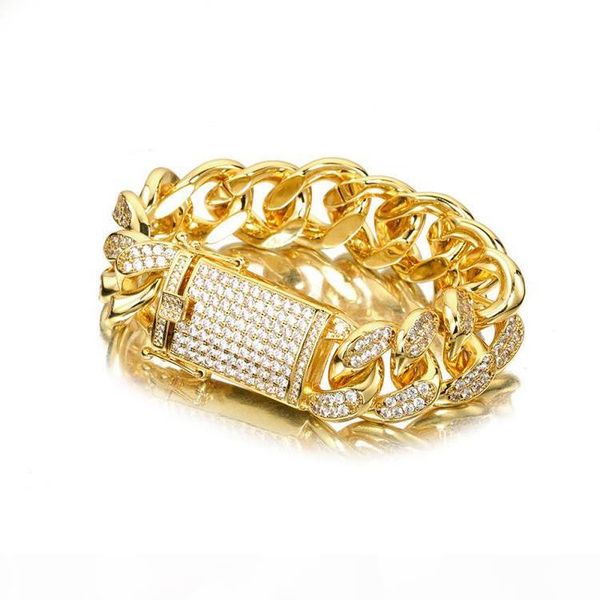 

18mm men's chunky iced out zircon miami cuban link bracelet bling gold silver cz cuban chain bracelet 20cm, Black