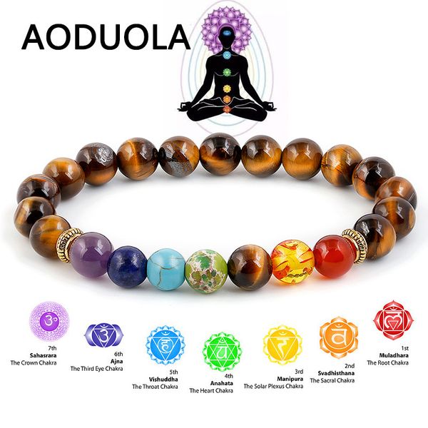 

7 chakra tiger eye bracelet for women bracelets natural stone elastique ajustable beaded bracelet femme jewelry, Black