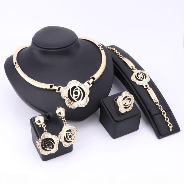 

retro flower necklace earrings bracelet ring set fashion jewelry sets for women wedding gold plated imitated crystal accessories, Slivery;golden