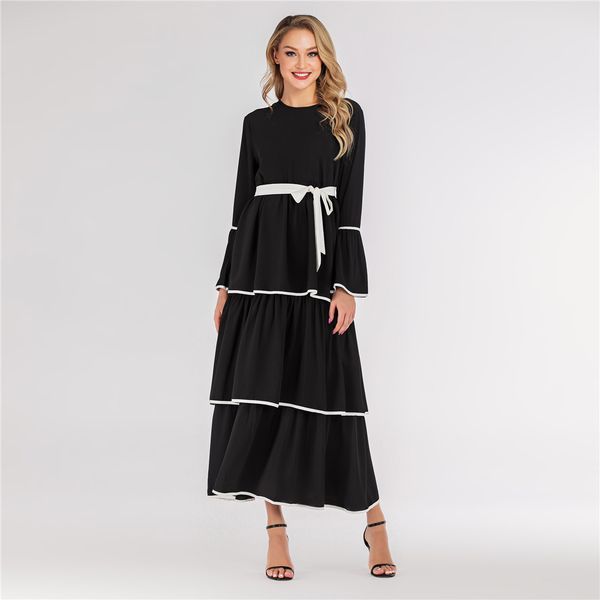 

new arrival selling casual polyester chiffon cake dress long sleeve crew neck ladies fashion dress, Black;gray