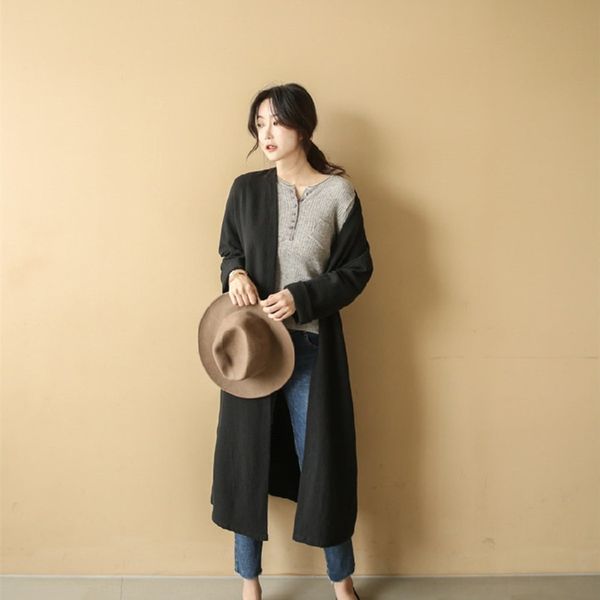 

j3kof mid-length sunscreen coat and cotton cotton linen coat for women 19 spring and summer korean style large size loose linen thin over-kn, Tan;black
