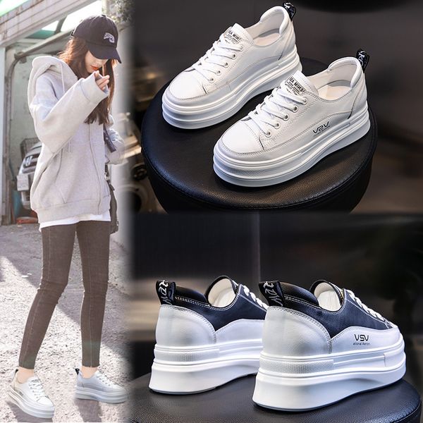 

yiluan spring shallow single shoes 2020 platform sneakers flat casual small white shoes female thick sole increase 7cm, Black