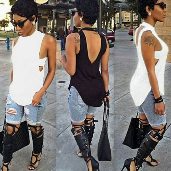 

2020 womens summer backless tank plain vest fashion ladies female cute hollow stylish solid blackcasual tank top, White