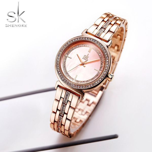 

women dress watch rose gold stainless steel fashion ladies wristwatch natural mop quartz clock female watches shengke new, Slivery;brown