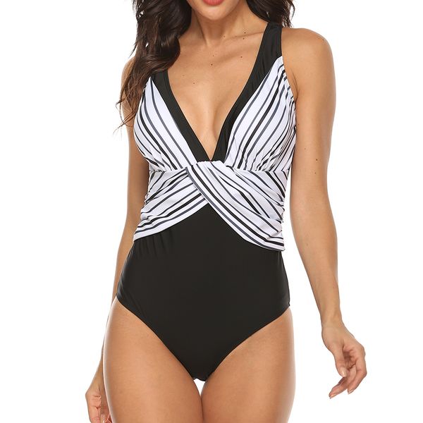 

2020 women swimsuit one piece female plus size swimwear women striped swimming suit for monokini large size bathing suits