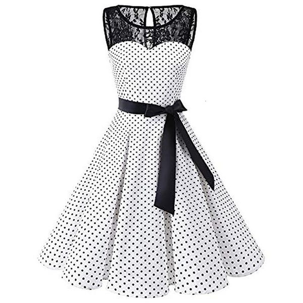 

sleeper #401 women sleeveless polka dot lace hepburn vintage swing high-waist pleated dress solid design drop shipping, Black;gray