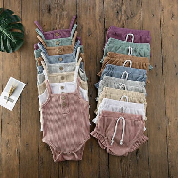 

2pcs newborn baby girl boy clothes set cotton solid sleeveless camisole sleeveless bodysuit + shorts ruffle outfits, White