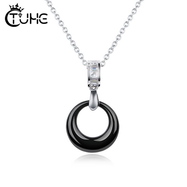 

2020 elegant design ceramic choker necklace female crystal circle pendant necklaces for women blue pink white ceramic jewelry, Silver
