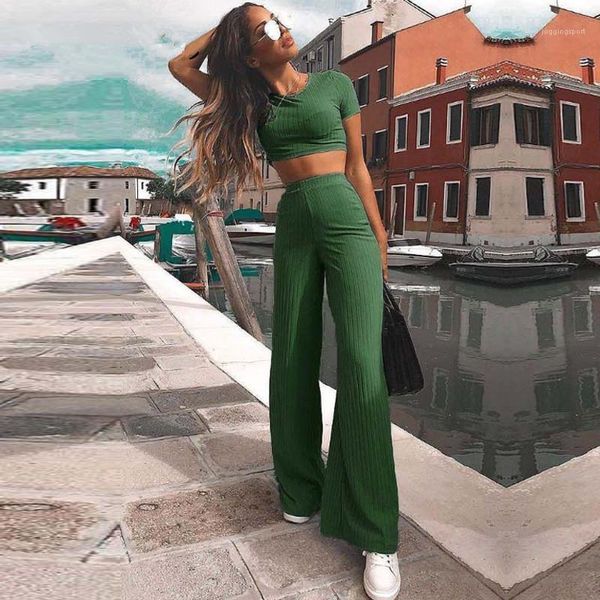 

stereoscopic striped womens 2pcs summer high waist wide leg pants casual o-neck two piece sets flexible, White