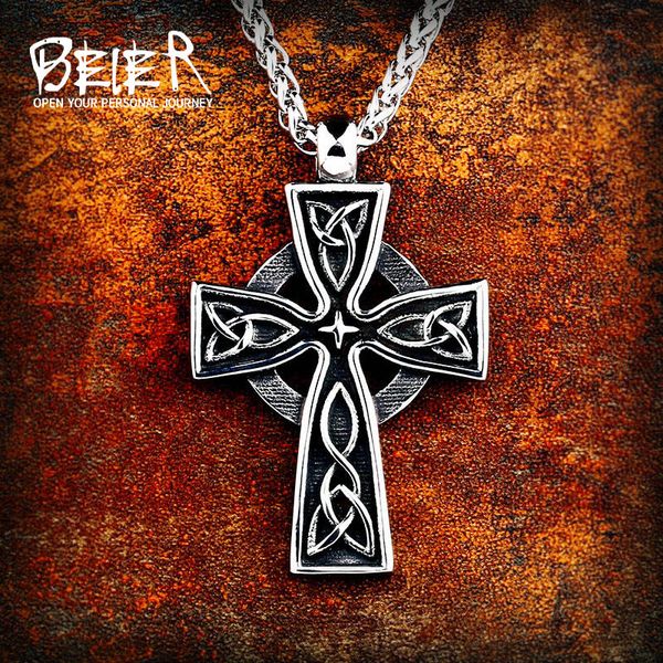 

beier 316l stainless viking pattern cross pendant necklacet for men amulet scandinavian fashion jewelry lp460, Silver