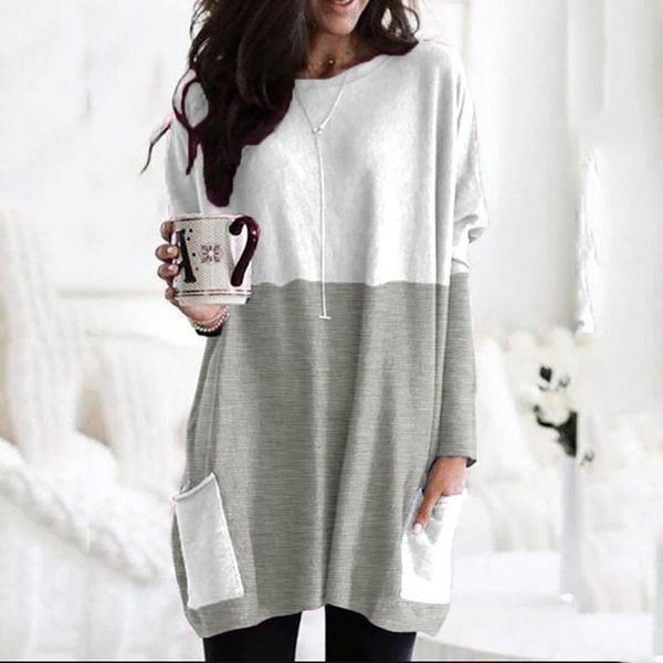 

women fashion casual long sleeve patchwork pockets o neck loose cotton fashion autumn winter plus size blouses woman plaid f1, White