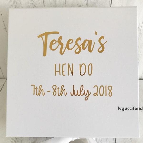 

personalised real foil hen party memory box with gold lettering ,white birthday gift box for groom keepsake box, gift for bride