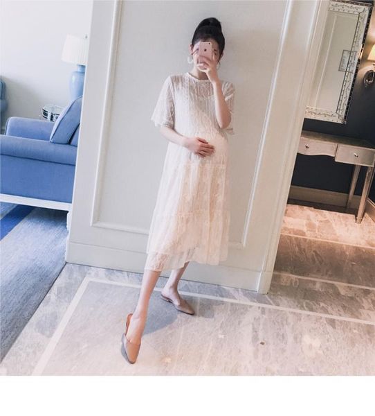 

fashion hipster summer new lace openwork fashion pregnant women strap dress sen retro retro knee skirt mother dress, White