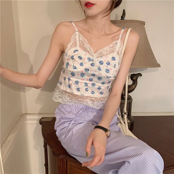 

2020 summer stacked western style floral design stitching suspender sling lace lace top, Camo