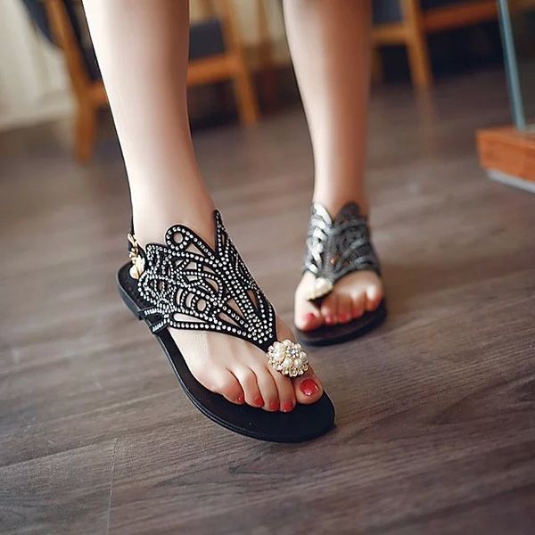 

2020 new foreign trade thong sandals women's summer rhinestone flat with flat bottom pin beach sandals and slippers, Black