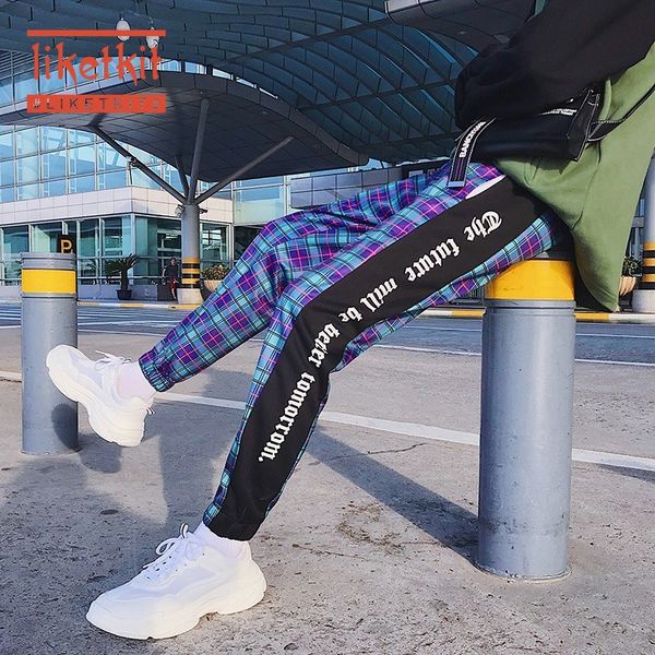 

men's pants liketkit mens joggers streetwear 2021 patchwork cotton hip hop blue sweatpants male plaid ankel-length trousers ins, Black