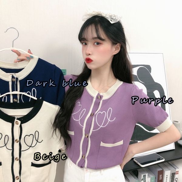 

dcbl3 internet celebrity short-sleeved 2020 knitwear knitwear wool knitted sweater summer letter embroidery all-match shirt cardigan for wom, White;black