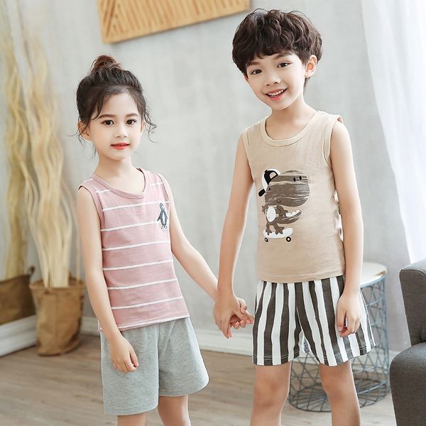 

children's wear new 2019 pure cotton children's vest men's and women's sleeveless shorts pants suit pants set suit two-p